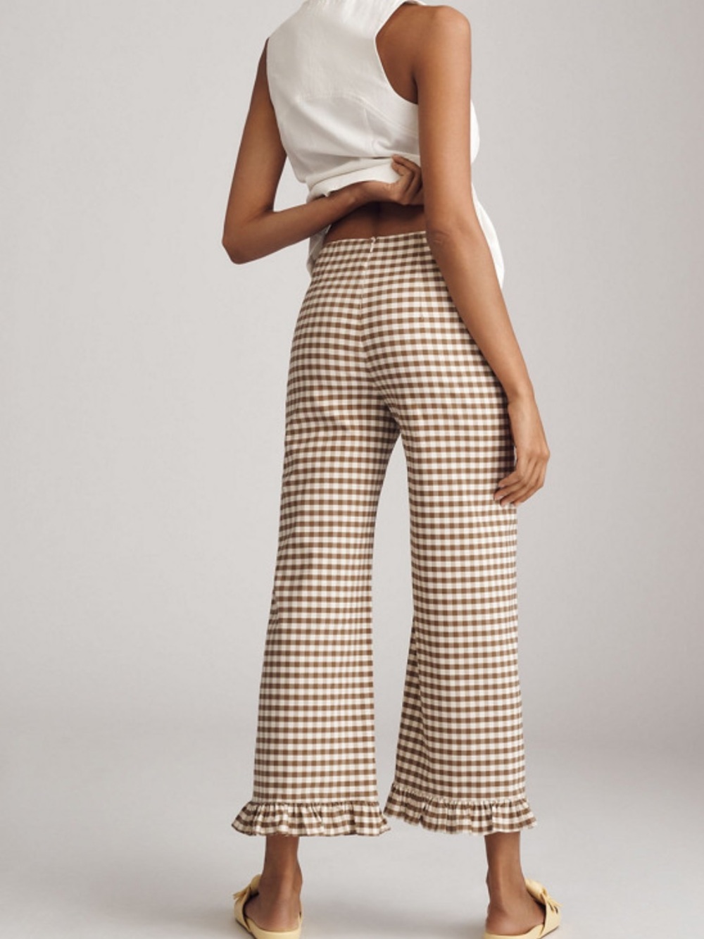 Maeve The Colette Brown & White Gingham Ruffle-Hem Cropped Wide-Leg Pants Sz 34 - Picture 4 of 9